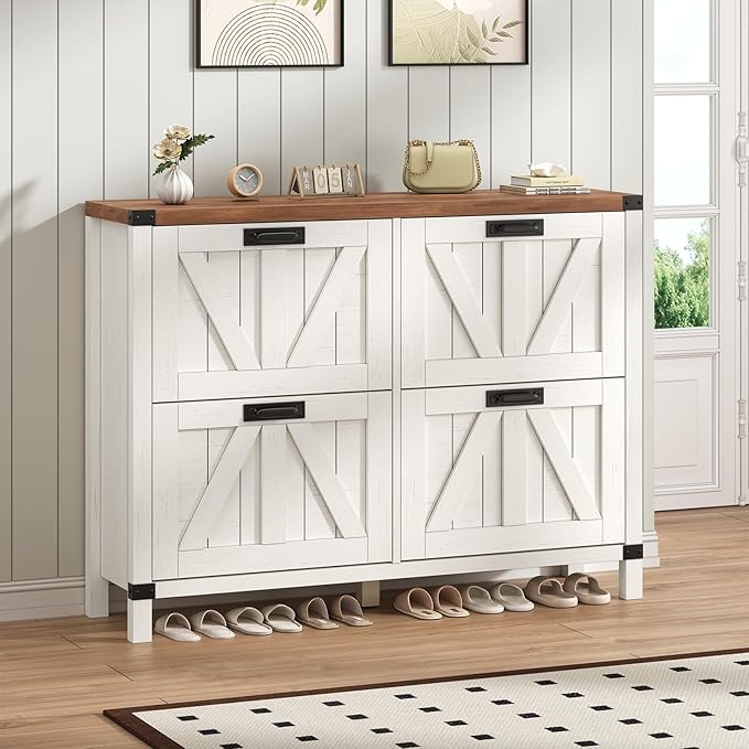 YOMILUVE Shoe Storage Cabinet with 4 Flip Drawers, Farmhouse Shoe Cabinet for Entryway, Slim Shoe Rack Freestanding Shoe Organizer with Barn Door, Brown and White