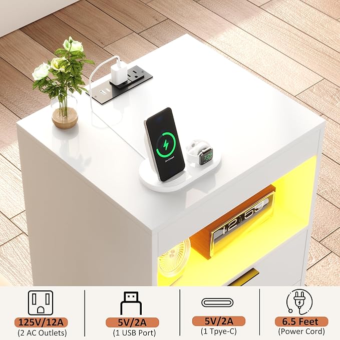 Gadroad LED Nightstand with Charging Station, Bedside Table with USB Ports & Power Outlets, Modern Night Stand with Drawers for Bedroom Small Spaces, White