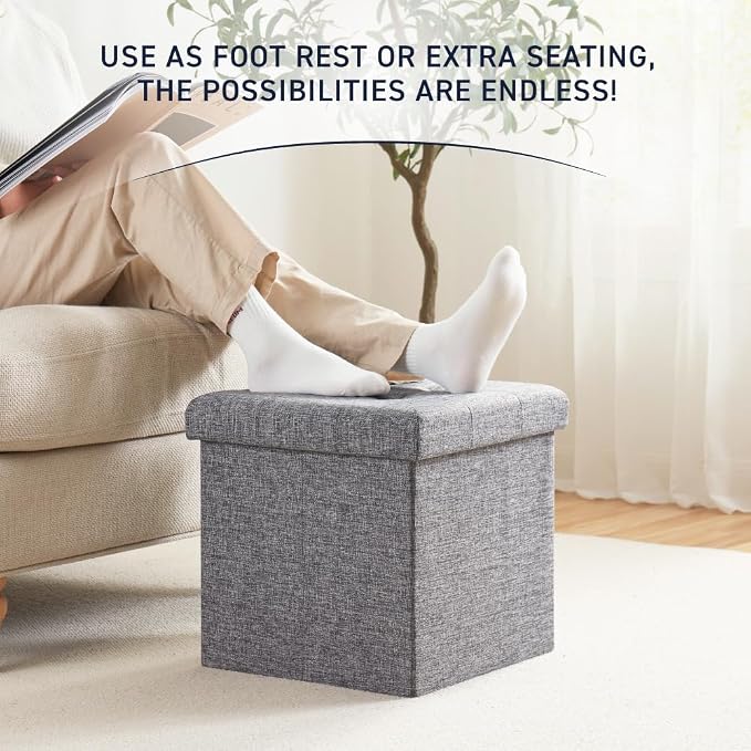 Ornavo Home Folding Storage Ottoman, 15 Inch Storage Cube with Lid, Foot Rest Stool for Bedroom, Living Room, Entryway, Tufted Linen Upholstered - Gray