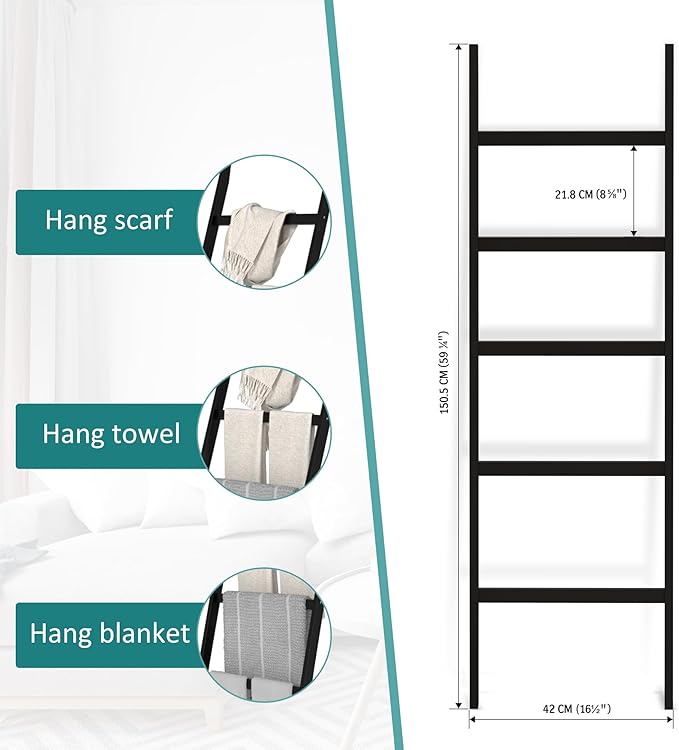 WTZ Bamboo Blanket Ladder, 5-Layer Towel Racks, Blanket Holder with Anti-Slip Construction Home Decor, Decorative Blanket, Quilt, Towel, Scarf Ladder Shelves for Livingroom, Bedroom, Bathroom, Black