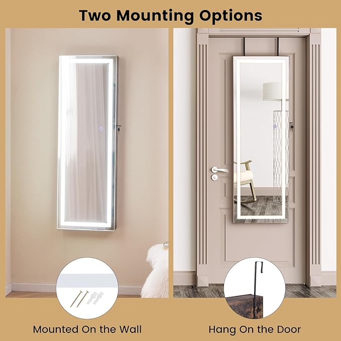 CHARMAID LED Mirror Jewelry Cabinet, 47.2'' Jewelry Armoire with Adjustable Lighted Full Length Mirror, Wall Mounted or Door Hanging, Lockable Jewelry Organizer Storage (Rustic Brown, 47.2''H)