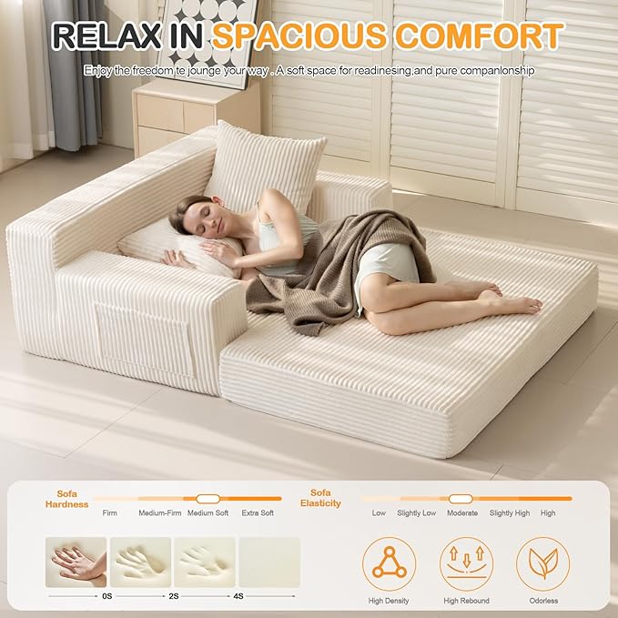 Erament Convertible Sofa Bed, Loveseat Folding Floor Futon Sleeper Sofa Couch Bed- Boneless Foldable Couch, Corduroy Pull Out Sofa Bed with 2 Pillows for Living Room & Bedroom