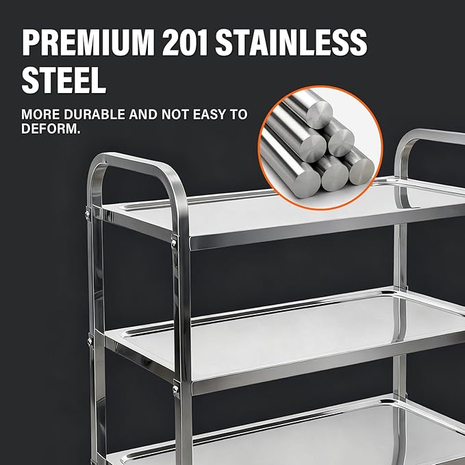 3-Tier Stainless Steel Utility Cart, 29.5"×15.7"×32.9", Rolling Kitchen Serving Trolley, Catering Storage Cart with 2 Lockable Wheels for Hotel, Restaurant, Home Use (Small)