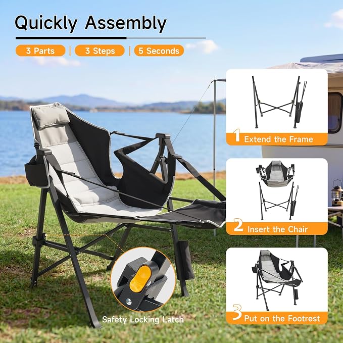 Hammock Camping Chair with Removable Footrest, 400lbs Heavy Duty Portable Swing Chair Outdoor with Adjustable Back, Foldable Camping Chair with Headrest and Cup Holder for Camping, Patio, Lawn