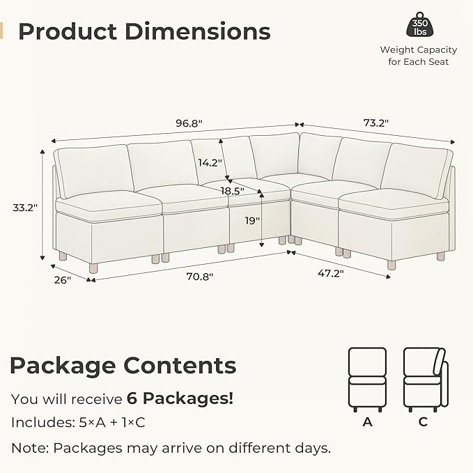 SITJOY Breakfast Nook Bench with Storage, Modular Corner Kitchen Banquette Seating, Dining Settee Couch, Upholstered Dining Bench with Back, Soft-to-Touch Fabric in Beige, 6-Seat L Shaped Nook