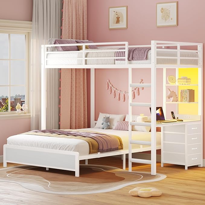 ADORNEVE Twin Over Full Bunk Bed with Desk, Bunk Beds Twin Over Full Size with Charging Station & Led Lights, Storage Drawers & Shelves, Loft Bed with Safety Guardrail & Ladder for Kids/Teens, White