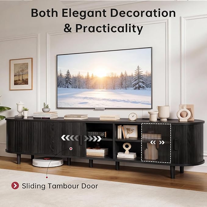 80" Mid Century Modern TV Stand, Wood TV Consoles with Sliding Doors and Power Outlet, Fluted Entertainment Center with Adjustable Shelves, Media Console for Living Room, Black