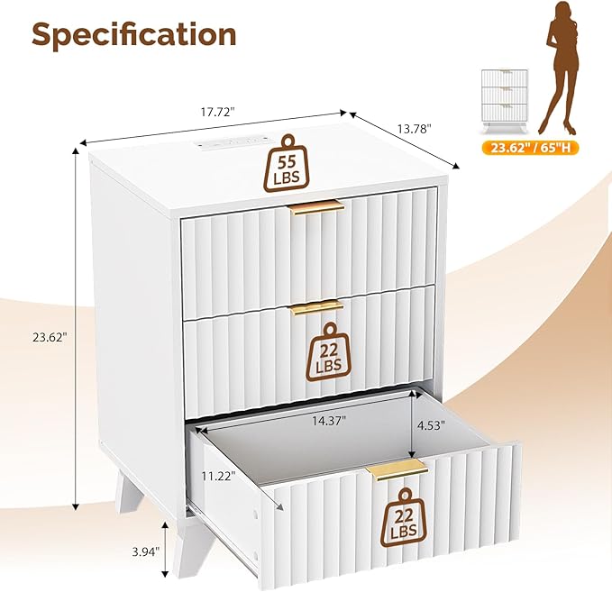 VINGLI Fluted White Nightstand with Charging Station, 3 Drawer White Night Stand Bedside Table with Drawers for Bedroom, Fluted Bedside Table/End Table/Side Table, 17.72" W*13.78" D*23.62" H, 1 pc