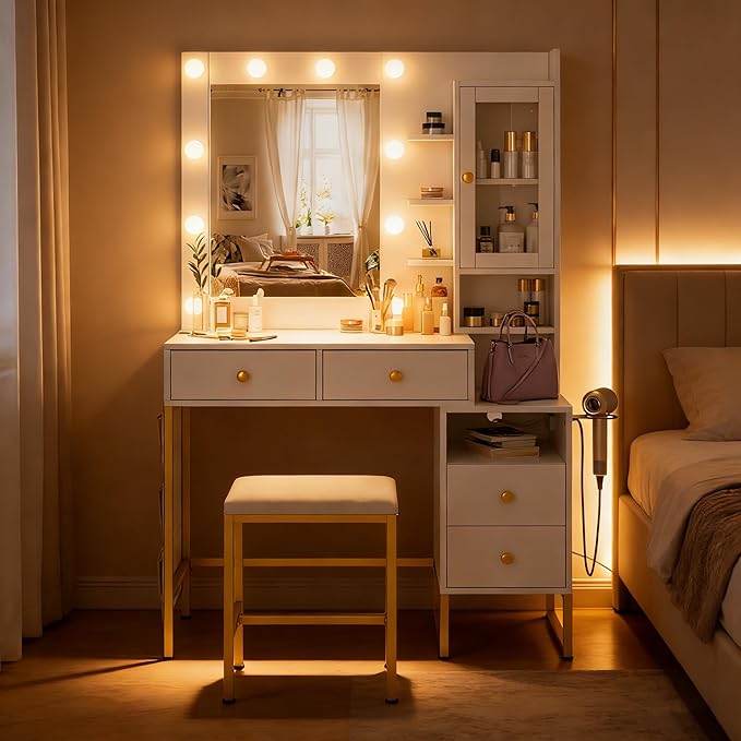 KAMABOKO Vanity Desk with Mirror, LED Lights and Power Outlet, Makeup Vanity Table with Cabinet and 4 Drawers, Dressing Table with Stools for Bedroom (White)