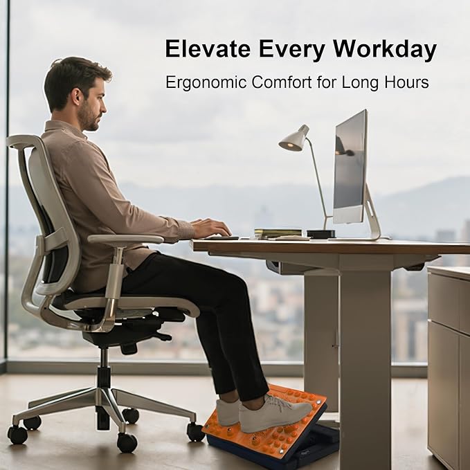 Footrest for Under Desk at Work, Height Adjustable Foot Rest with Reflexology Pad, Foldable Ergonomic Foot Stool for Muscle Tension Relief, Suitable for Office, Home & All-Season Use(Orange)