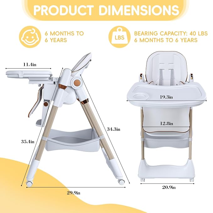 Foldable Baby High Chair with 150° Swing & Recline,Convertible High Chairs for Babies and Toddlers,5 Height Levels,3 Backrest & Footrest Positions,Removable Double Tray,Lockable Wheels (White 1)