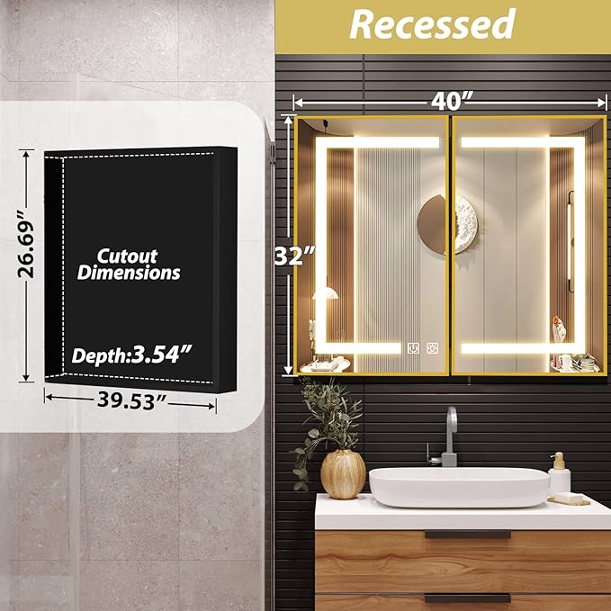 APRILSOUL 40x32 Inch Lighted Bathroom Medicine Cabinet with Mirror, Gold Recessed or Surface Mount Medicine Cabinet Mirror with Storage and LED Lights, 3 Colors Temperature, Dimmable Light