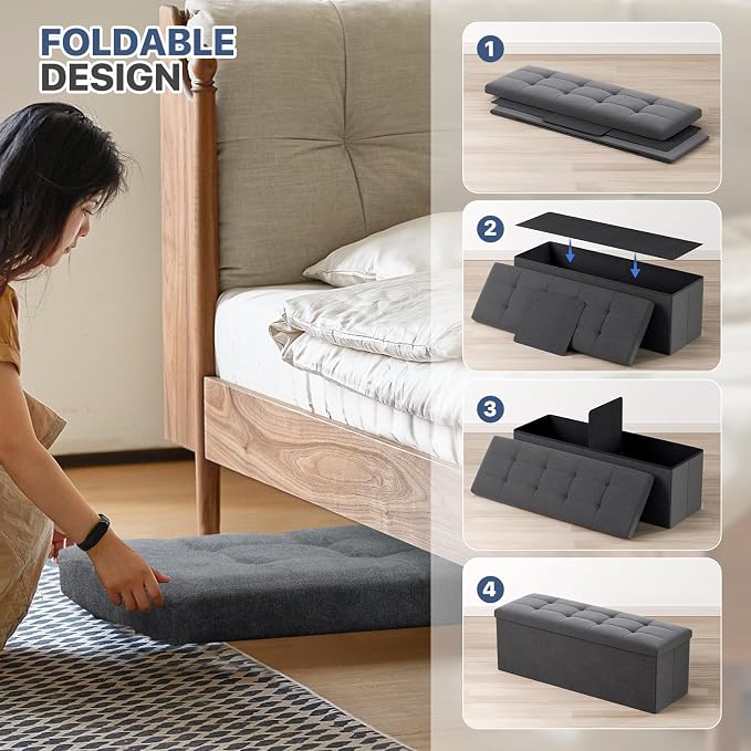 MoNiBloom 43 Inches Folding Storage Ottoman Bench, Storage Chest, Padded Seat, End of Bed Bench, Linen Fabric Ottoman Footrest for Living Room, Bedroom, Entryway, Dark Gray