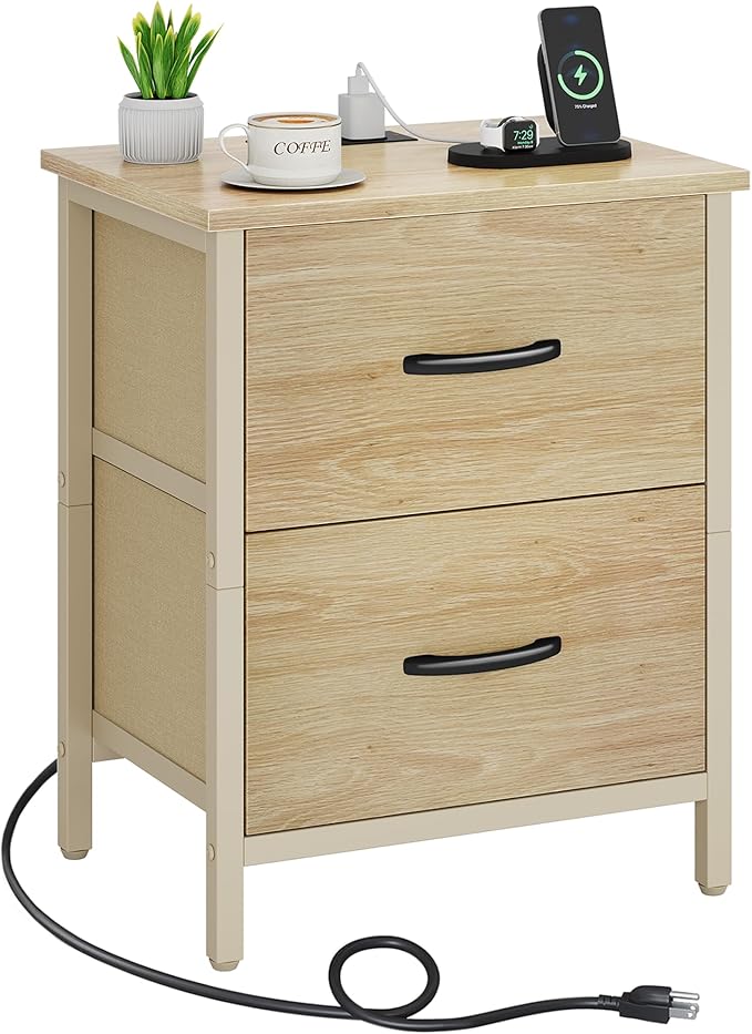 Vagusicc Nightstand with Charging Station, Bedside Table with USB Ports and Outlet, End Table Side Table with 2 Fabric Drawers for Bedroom, Living Room, Natural