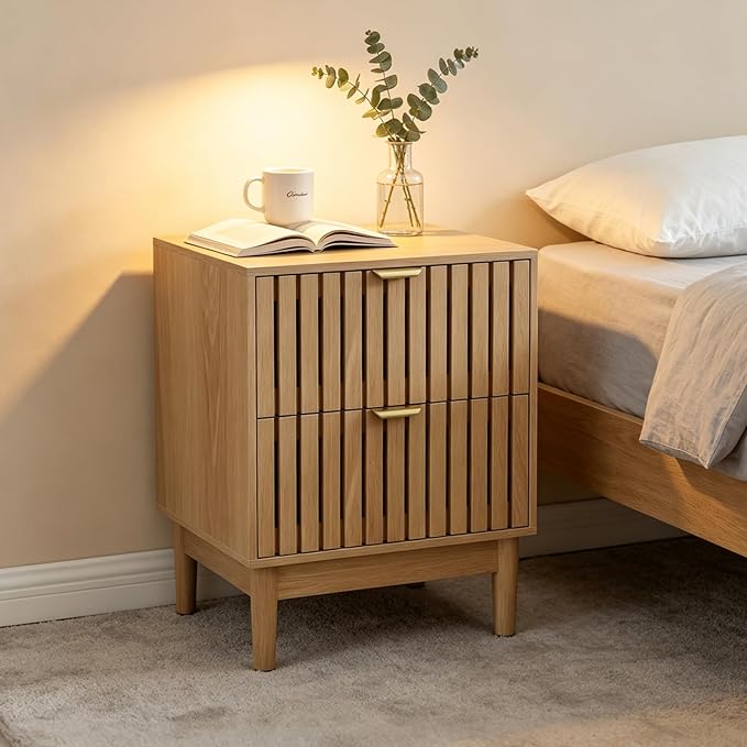 Kiasthome Mid-Century Wood Nightstand with 2 Drawers, Fluted Front Bedside Table, Functional End Table for Bedroom & Living Room (Light Oak (2-Pack))