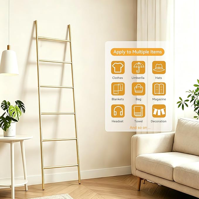 6-Tier Blanket Ladder 68 Inch Wall-Leaning Towel Rack for Living Room and Bedroom, Easy Assembly - Gold