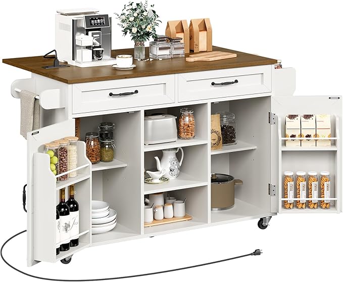 RALGEND Kitchen Island with Storage, Kitchen Rolling Island on Wheels with Power Outlet & Drop Leaf, Kitchen Island Cart with Drawer and Spice Rack, Mobile Island Table for Kitchen,White and Walnut
