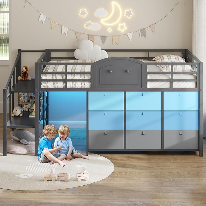 VIAGDO Low Loft Bed Full Size with 9 Storage Drawers and LED Lights, Metal Full Size Loft Bed with Stairway Shelf Storage, Low Loft Bed with Safety Guardrail and Under-Bed Hideaway for Kids, Grey
