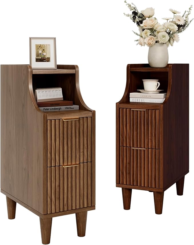 Fluted Nightstands Set of 2,Narrow Bedside Table with 2 Drawers & Storage, Farmhouse Walnut End Table Modern Side Table for Bedroom Livingroom Sofa Office