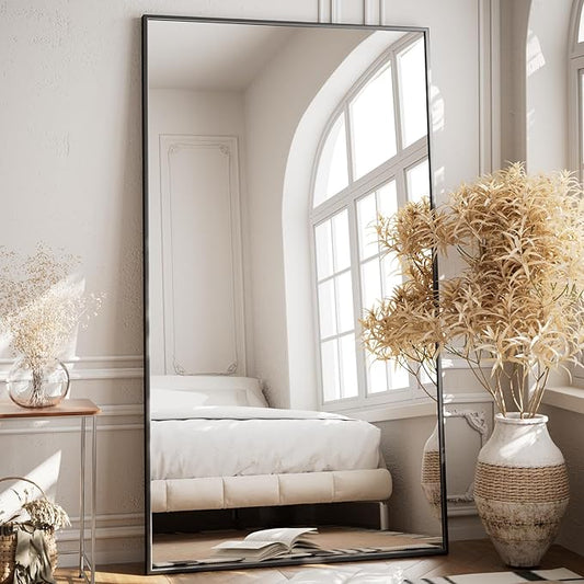 VooBang Oversized Full Length Mirror, 86" x 40" Floor Mirror with Stand, Aluminum Alloy Frame Full Body Mirror, Standing Hanging or Leaning Against Wall Bedroom Living Room, Black