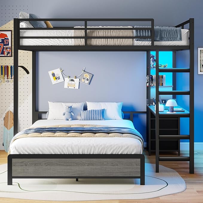 ADORNEVE Bunk Bed with Desk, Full Over Full Bunk Beds with Charging Station & Led Lights, 4 Storage Drawers & 2 Open Storage Shelves, Metal Loft Bed with Safety Guardrail & Ladder for Kids/Teen, Grey