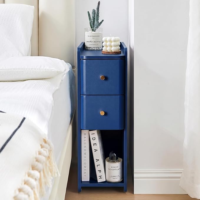 Blue Narrow Nightstand, Wooden Small 2 Drawer Nightstand, Slim Side End Table, Skinny Bedside Table, Mid Century Modern Night Stand with Drawers, for Living Room (Blue-1 pc)