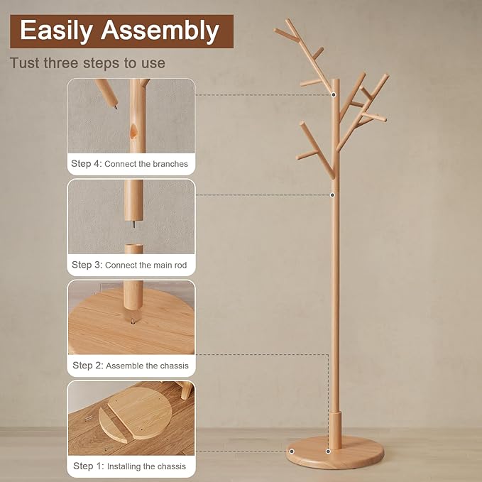 Muwuele Coat Rack,Solid Wood Coat Rack Freestanding with 12 Hooks,Coat tree freestanding 3 Adjustable Heights for coat, Hats, Handbags，Coat Stand for Entryway,Bedroom (Natural)