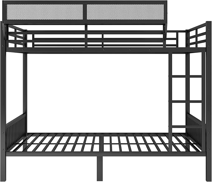 KEIKI Queen Over Queen Size Metal Bunk Bed Frame with Ladder and Built-in Storage Shelves, for Teens, Bunk Bed with Solid Slats, Guardrail, No Box Spring Required, Easy Assembly, for Bedroom, Black