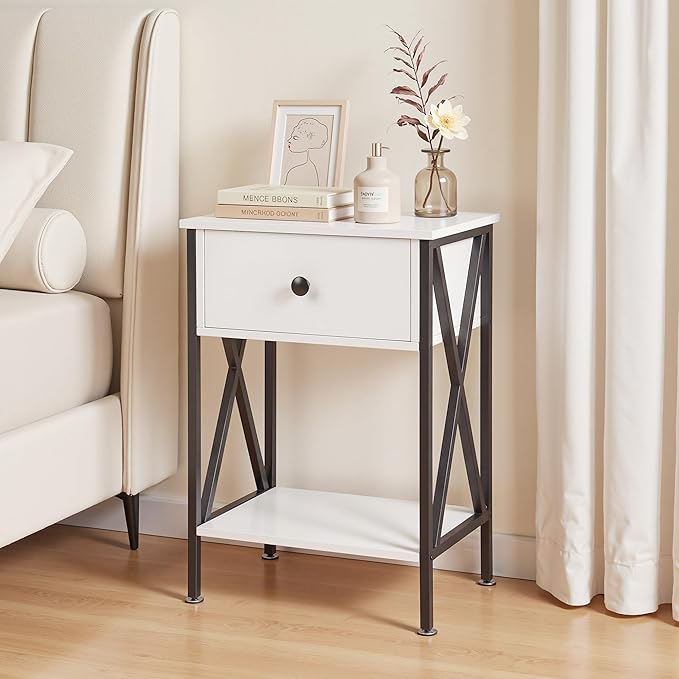 VECELO Nightstands Set of 2, Modern Bedside End Tables, Night Stands with Drawer and Storage Shelf for Living Room Bedroom, Industrial Metal Frame