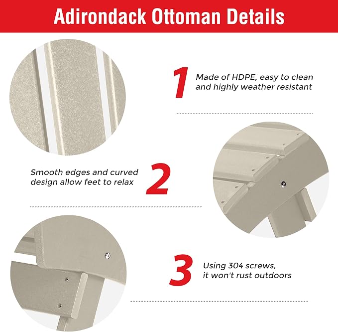 Costaelm Adirondack Chair Footrest, Patio Footstool, Ottoman, Outdoor Foot Rest, Waterproof, Sand