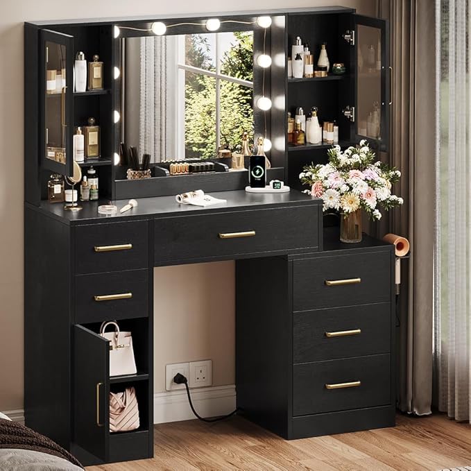 TOKSOM Makeup Vanity Desk with Mirror and Lights, 51" Makeup Vanity with Lights & Charging Station, Dressing Table Vanity Set for Bedroom, Vanity Table with 6 Drawers and 3 Cabinet Black