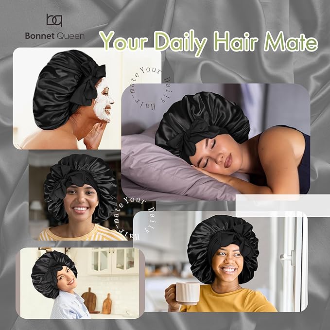 BONNET QUEEN 睡眠用シルクボンネット サテンボンネット ヘアボンネット 大きめボンネット 髪用ラップ タイバンド付きスリープキャップ 女性用 カーリーヘア 三つ編み ドレッドロックス 黒