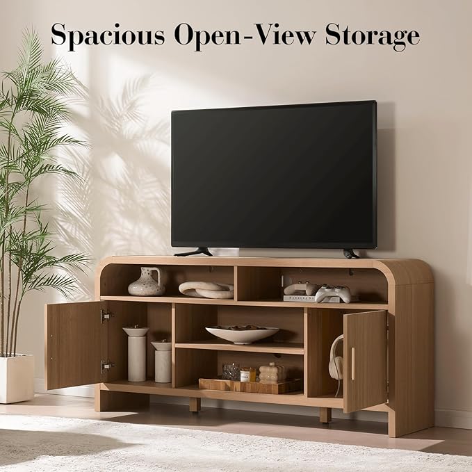TV Stand for TVs Up to 65'' - [Unique Curved Profile, FSC-Certified Wooden Board] Entertainment Center with Adjustable Shelves and Storage Cabinet Modern Media Console for Living Room