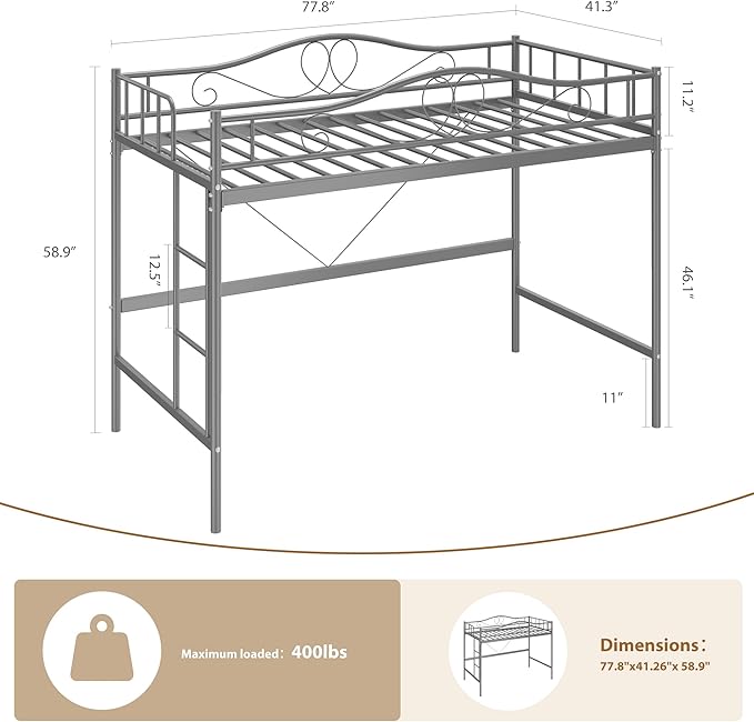 IDEALHOUSE Loft Bed Twin Size with Ladder & Full Safety Guardrail, Heavy Duty Metal Twin Loft Bed 400 Lbs Load Capacity, Space-Saving, Noise Free, No Box Spring Needed, Easy Assembly, Grey