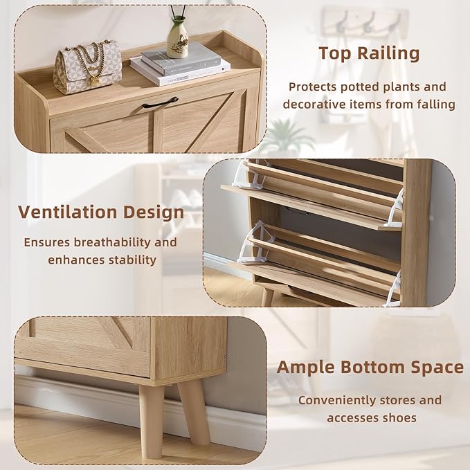 LEYAOYAO Shoe Cabinet Storage for Entryway with 2 Flip Drawers Rack Narrow Organizer Slim Hidden Wood Shoe Cabinet Furniture Natural