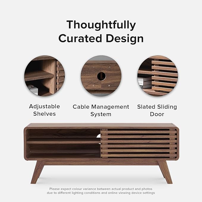 mopio Ensley 46" TV Stand with Slatted Door, Mid Century Modern Entertainment Center for 55/60/65 inch TV, Farmhouse Media Console with Storage, Adjustable Shelves, Round Edges, Living Room (Walnut)
