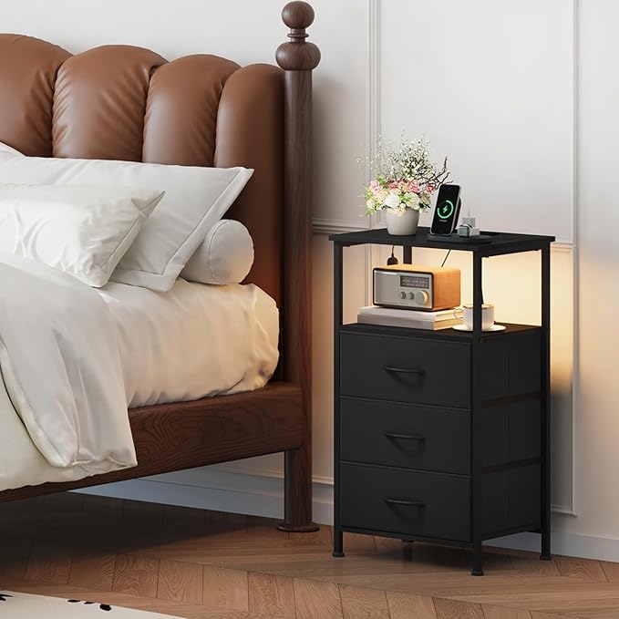Somdot Nightstands Set of 2,Bedside Tables with Charging Station and LED Lights,Night Stand with 3 Fabric Drawers, End Tables with Open Shelf for Small Spaces Bedroom Entryway Hallway, Black