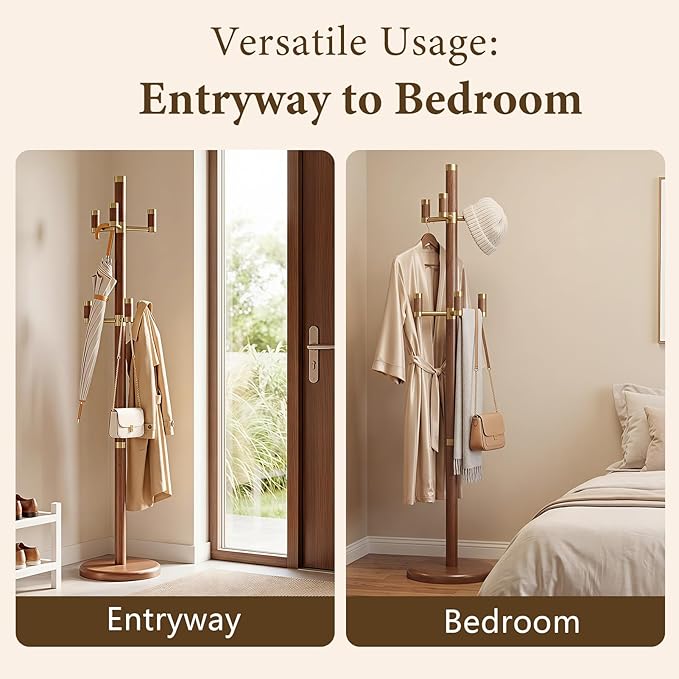 Solid Wood Freestanding Coat Rack with 6 Gold Metal Hooks, Heavy-Duty Freestanding Coat Stand for Coats, Hats, and Bags, Coat Racks for Bedroom, Entryway, and Living Room (Walnut)
