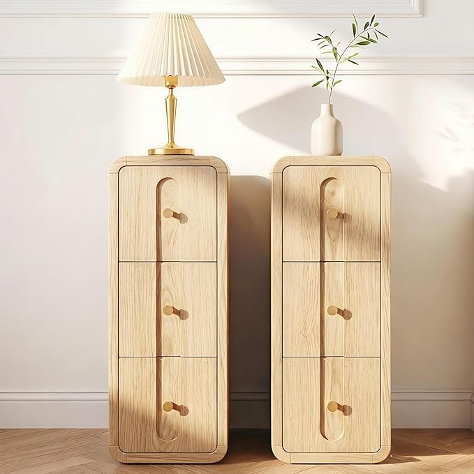 Narrow Nightstand Set of 2, Small Bedside Table with 3 Drawers, Mid Century Modern Skinny Night Stand with Storage, Wood Slim Side Table for Bedroom, Living Room (Natural-2pcs)