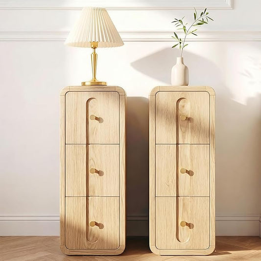 Narrow Nightstand Set of 2, Small Bedside Table with 3 Drawers, Mid Century Modern Skinny Night Stand with Storage, Wood Slim Side Table for Bedroom, Living Room (Natural-2pcs)