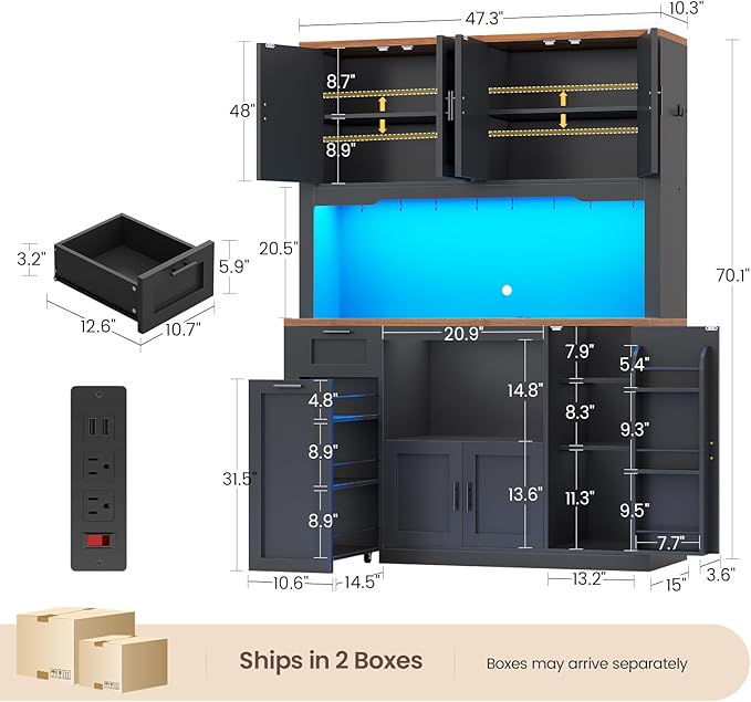 Itaar 71" Pantry Cabinet with Charging Station and LED Light, Kitchen Pantry Cabinet with Microwave Stand, 47.2" Wide Kitchen Storage Cabinets with Storage Cart 3 Tier for Dining Room, Black