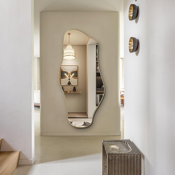 Large Irregular Mirror, 55"x25.6" Asymmetrical Aesthetic Mirror with Gold Metal Frame, Modern Organic Mirrors for Living Room Bedroom Hallway Entryway, Horizontal or Vertical Hanging
