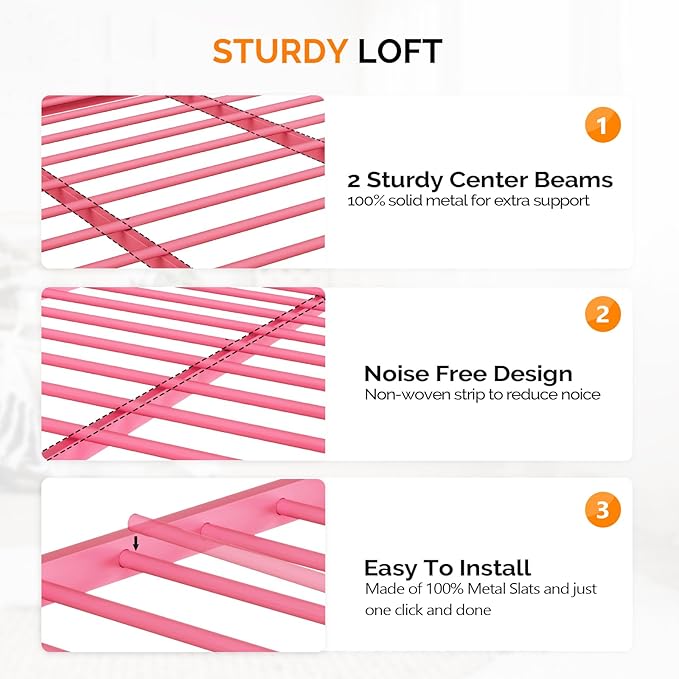 VINGLI Queen Loft Bed with Flat Rungs for Adults, Kids and Young Teens, No Box Spring Required,Heavy Duty Metal Slat Support, Pink