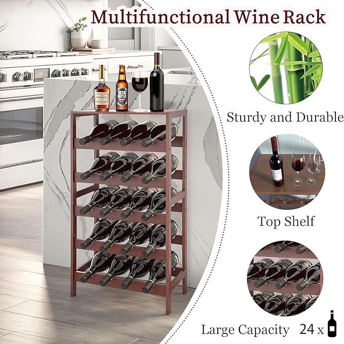 20 Bottle Wooden Wine Rack with Table Top, 5 Tier Bamboo Freestanding Floor Wine Storage Holder, Retro Minimalist Style Home Decorations Wine Display Shelves for Kitchen Dining Room Bar