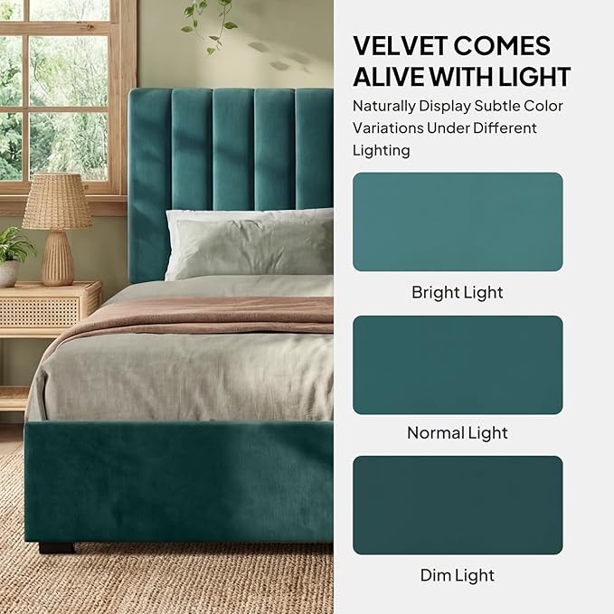 Welzona Full Size Velvet Bed Frame with Headboard, Fully Upholstered Metal Platform Bed with Vertical Channel Tufted Headboard, 3-Level Height, Metal Slat Support, Noise-Free Easy Assembly, Green