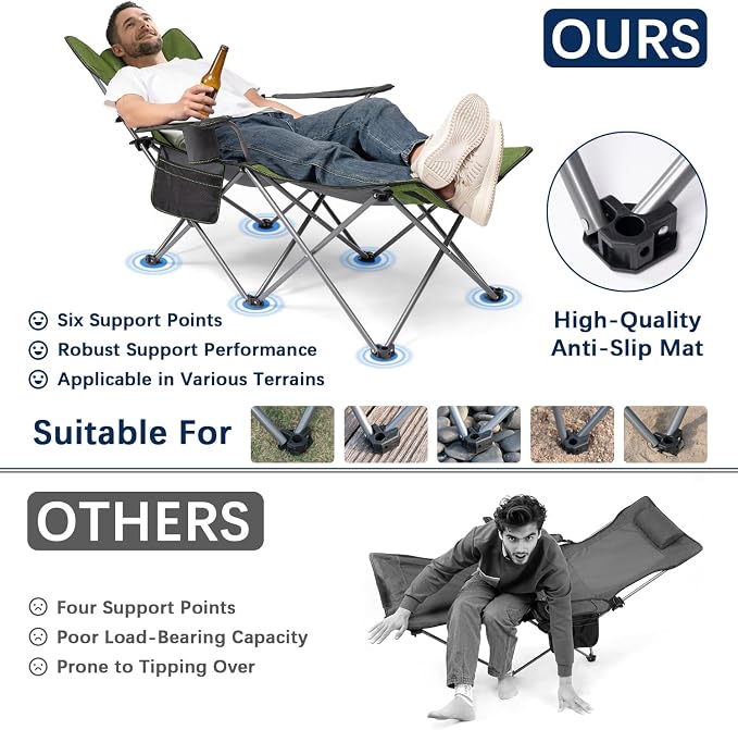 apollo walker Reclining Beach Chair, Adjustable 90-135° Backrest Camping Lounge Chairs for Adults, Folding Chair with Foot Rest & Detachable Pillow - Standard 6-Leg, Green