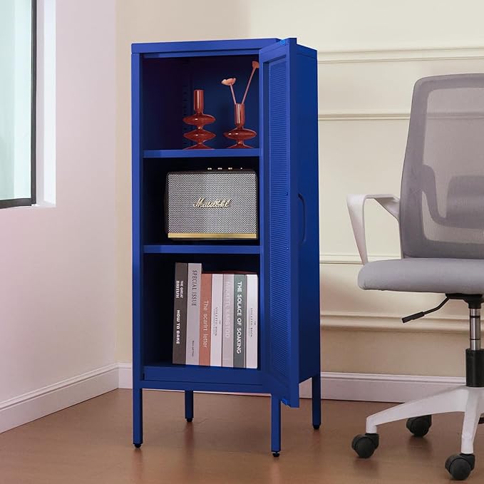 Slim Metal Storage Cabinet with Mesh Doors - 42'' Tall Narrow Organizer Tower, Compact Freestanding Cabinet, Versatile Utility Storage for Home, Office, Kitchen, Living Room, Durable and Modern Design