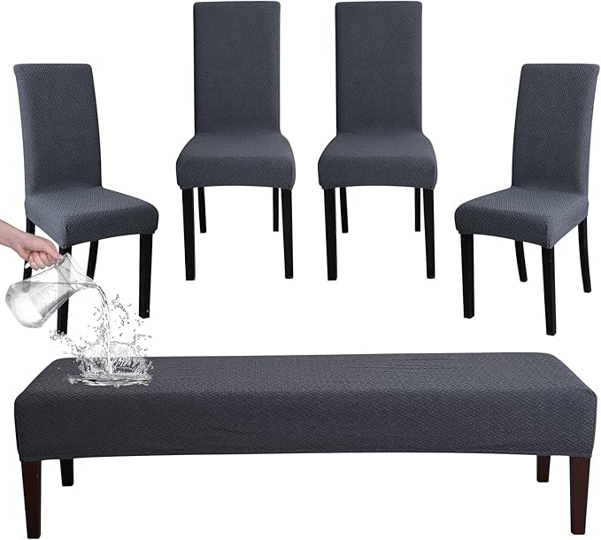 FORCHEER Dining Chair Covers and Bench Covers Set Waterproof Dark Grey Jacquard 4 Dining Room Chair and Bench Slipcover Washable