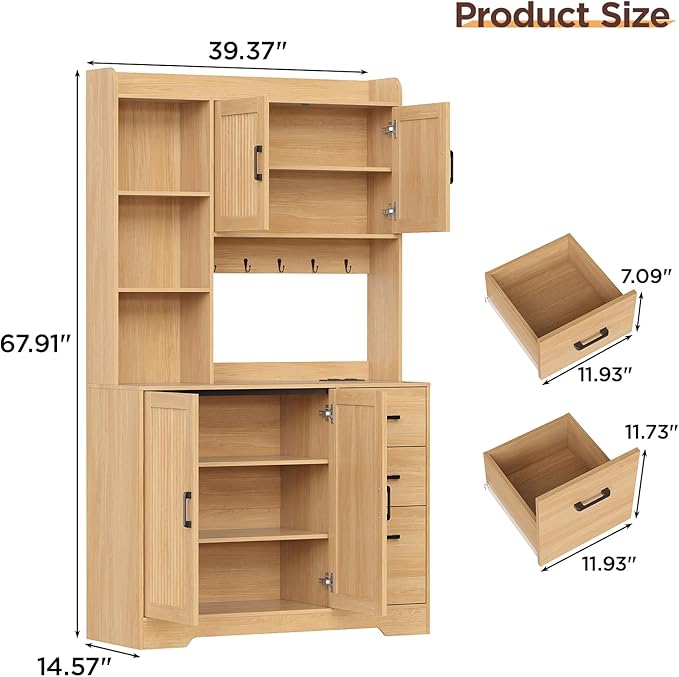 Kitchen Pantry Cabinet with Charging Station, 68" Tall Storage Cabinet with 3 Drawers, 2 Cabinets, Open Shelves, Fluted Doors, Wood Kitchen Hutch with Microwave Stand for Dining Room Living Room