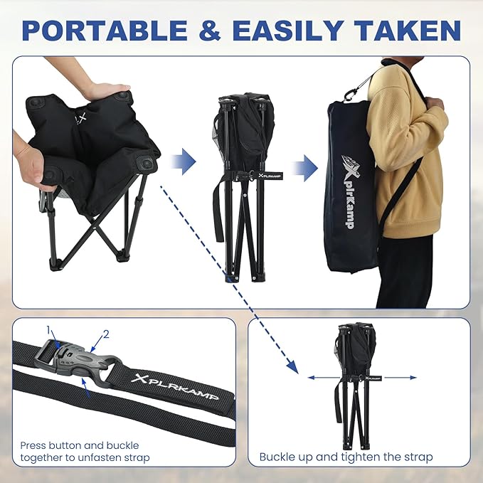Padded Camping Stool, 18 Inch Oversized Camping Foot Rest, 500lb Outdoor Folding Camp Chair Portable Camping Ottoman for Camping Gardening w/Storage Net, Carry Bag (2, Black)
